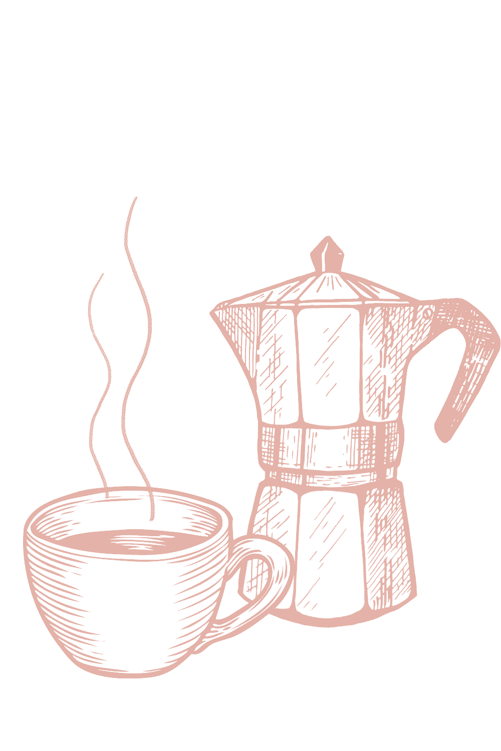Zeichnung von einer dampfenden Tasse Kaffee, die vor einer Kanne steht