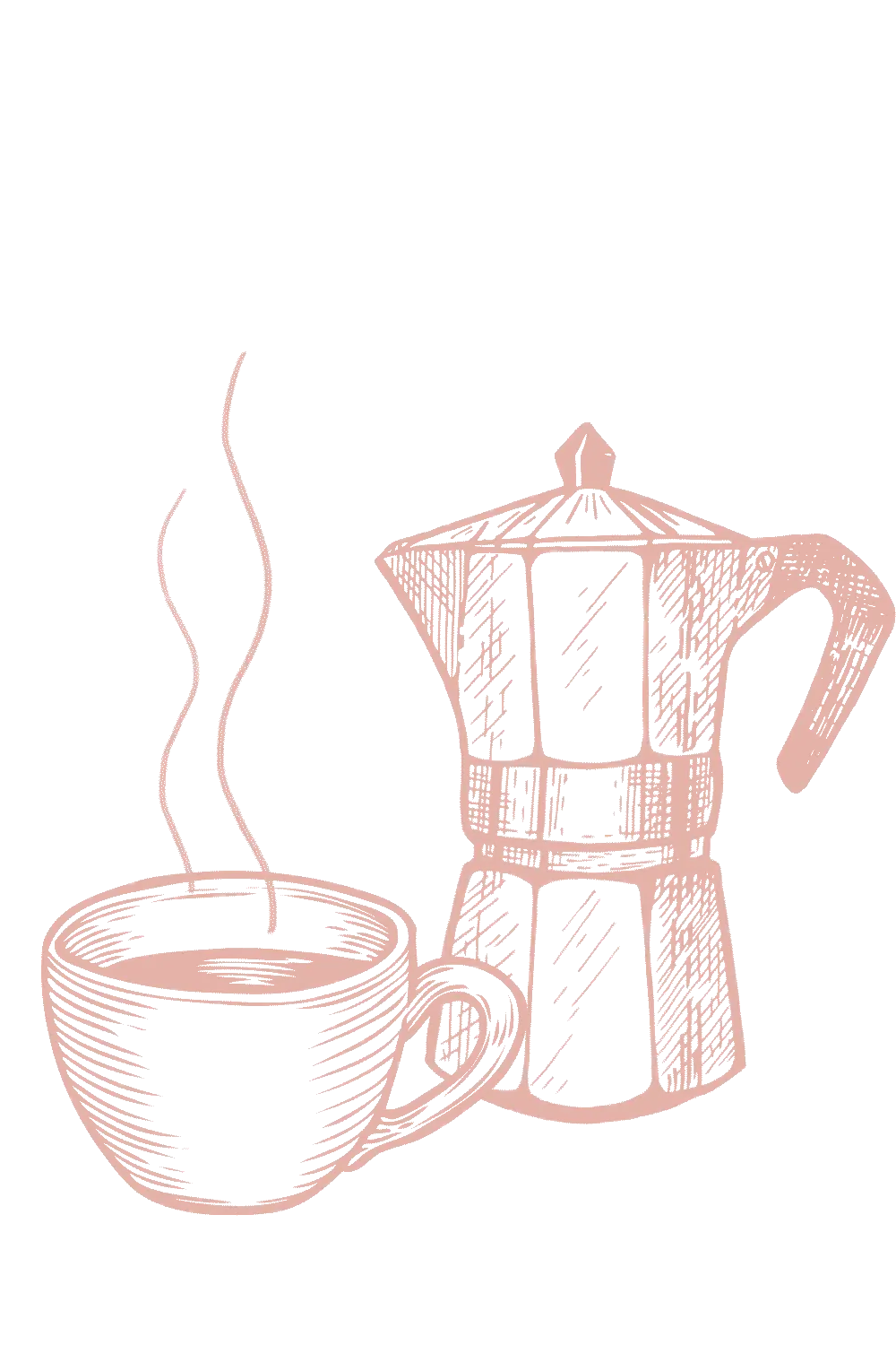 Zeichnung von einer dampfenden Tasse Kaffee, die vor einer Kanne steht