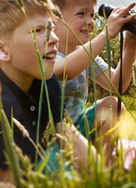 Zwei kleine Jungs sitzen mit dem Fernglas auf der Wiese des Familienhotels in Niedersachsen