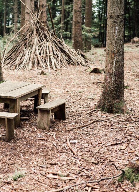 Holzbank und -tisch im Wald mit einer Holzhütte aus Stöcken im Hintergrund