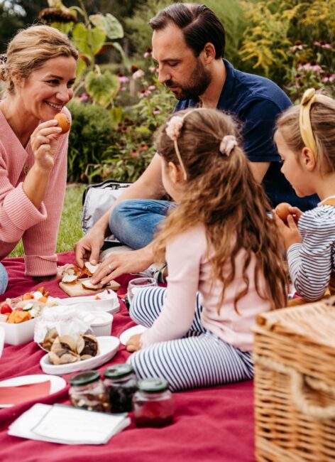 Junge Eltern picknicken mit ihren zwei Kindern in der Nähe des Familienhotels in Niedersachsen