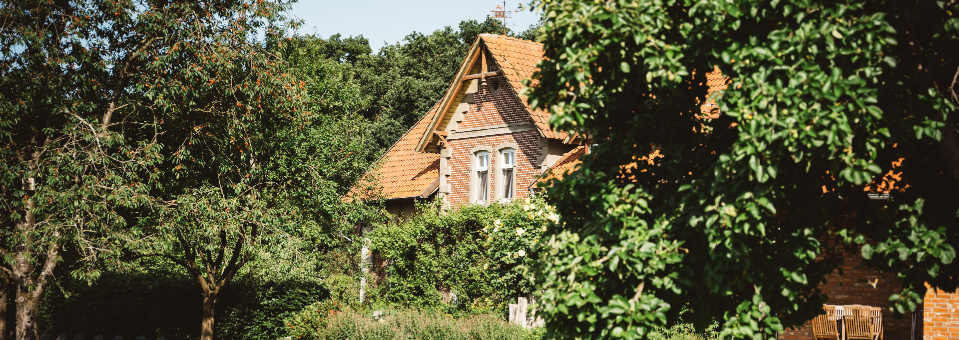 Aussenansicht des Landhaus Averbeck versteckt hinter grünen Baumkronen